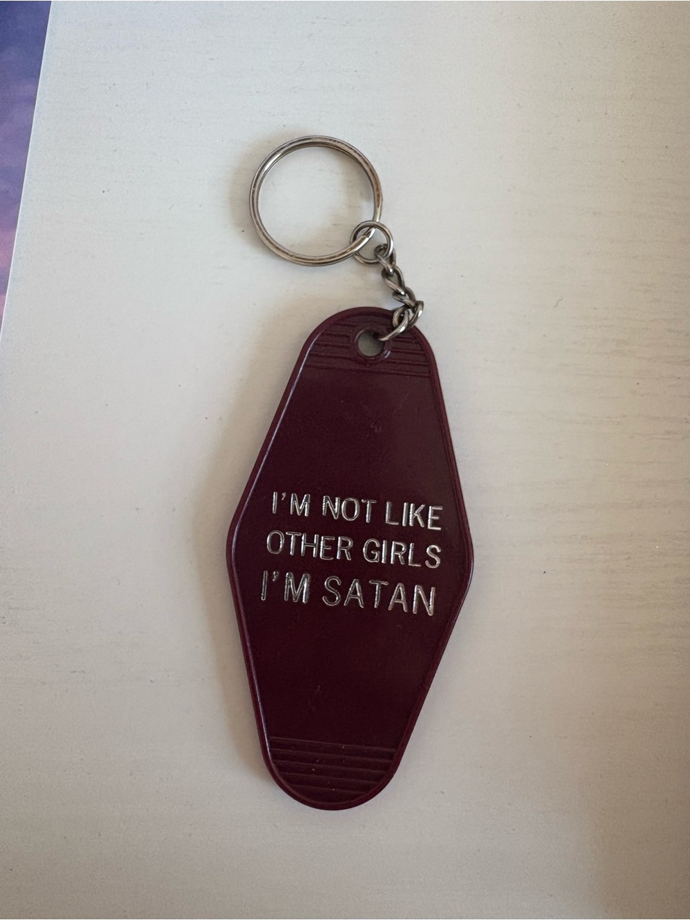 Burgundy Novelty Keychain Fob – 'I'm Not Like Other Girls I'm Satan'
